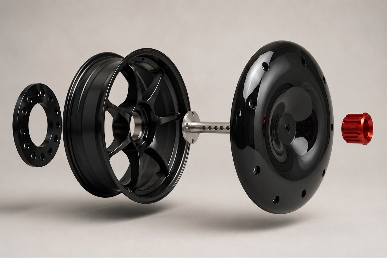 Exploded view of the AIRODISC assembly: bolt-pattern spacer, wheel, machined stainless centre post with depth-adjustment holes, gloss black disc, and red anodised centre nut