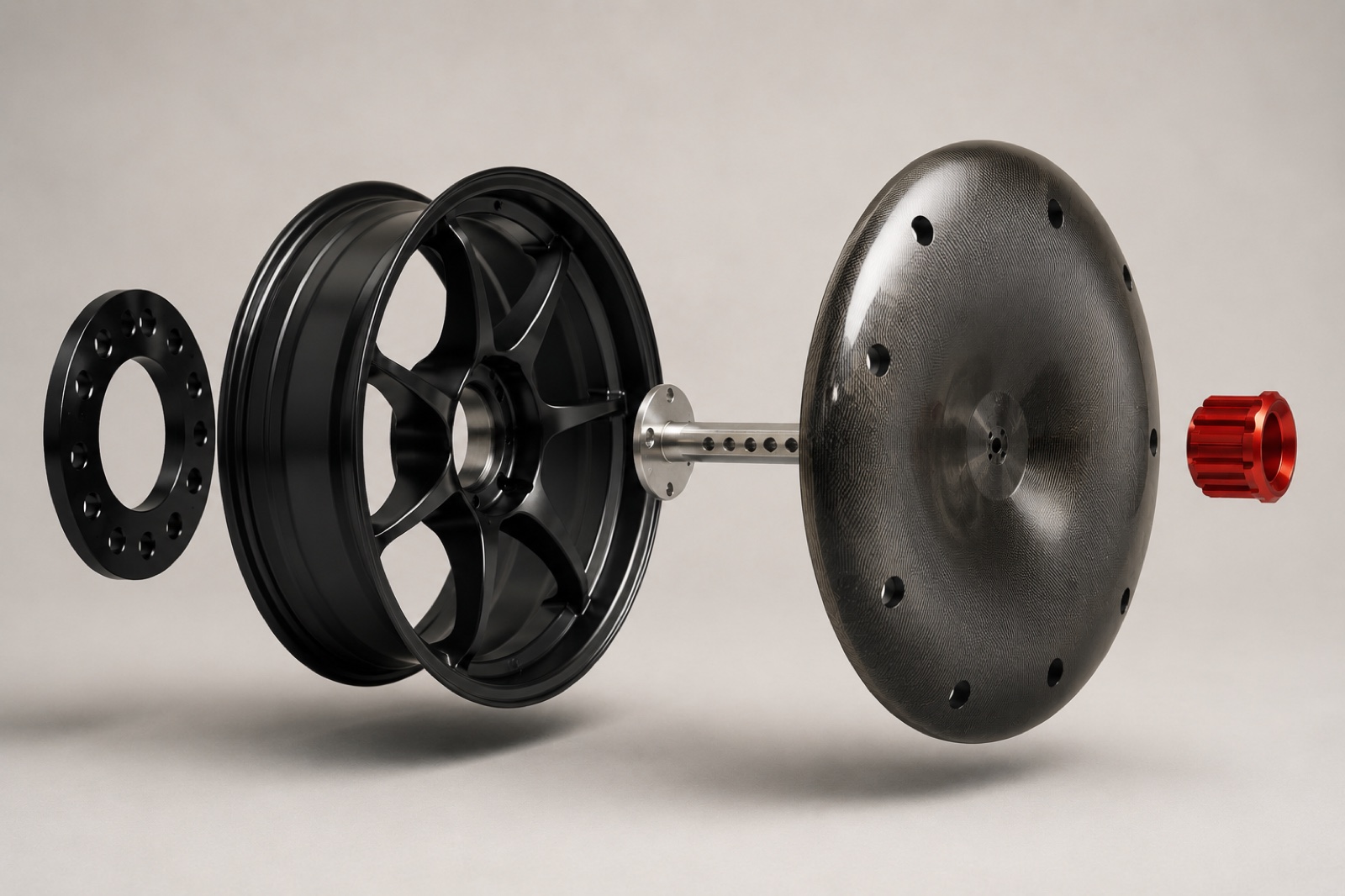 Exploded view of the AIRODISC assembly: bolt-pattern spacer, wheel, machined stainless centre post with depth-adjustment holes, carbon disc, and red anodised centre nut