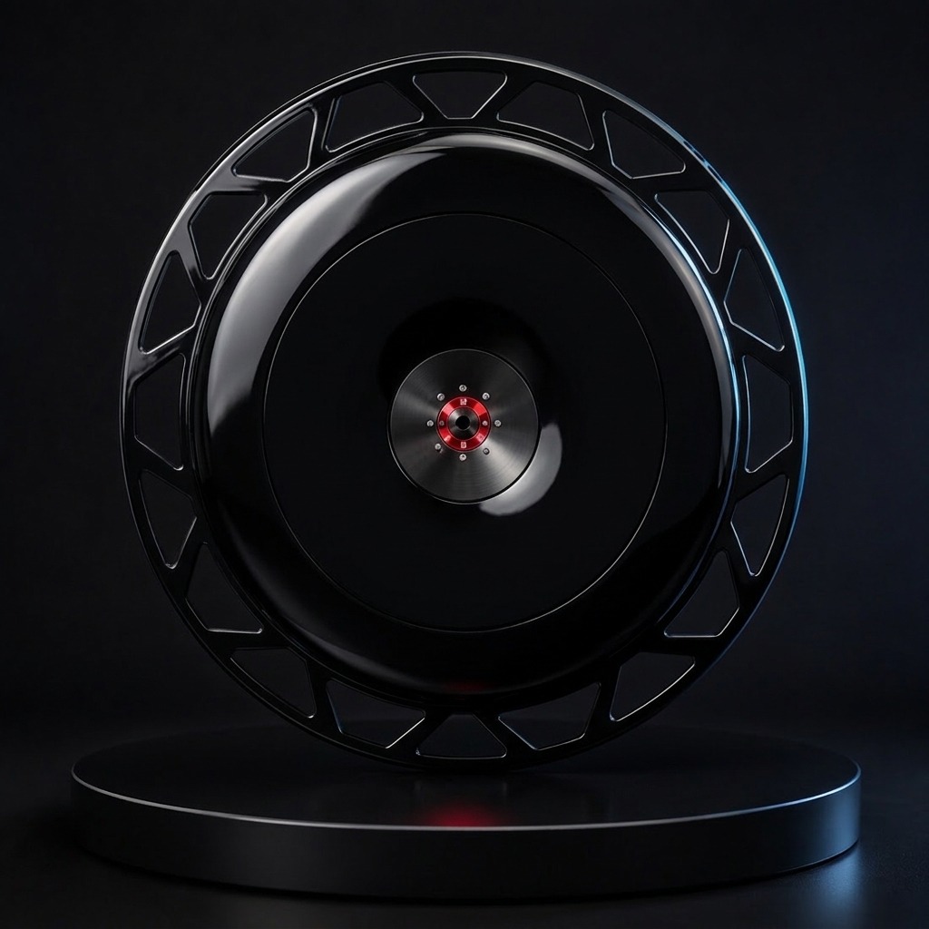 Render of the AIRODISC F1 Series aero wheel disc with triangular lattice outer ring. Shown in gloss black.