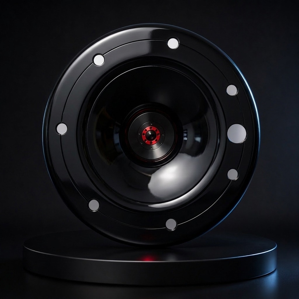 Render of the AIRODISC Luxury Series aero wheel disc, full face with eight cooling ports. Shown in gloss black.